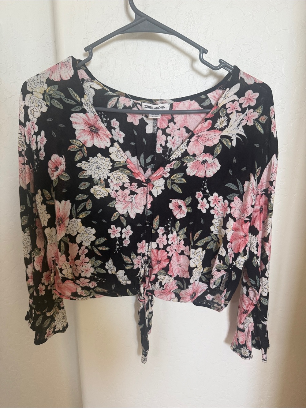 Billabong Black Floral Tie-Front Crop Top with Pink & Cream Blooms